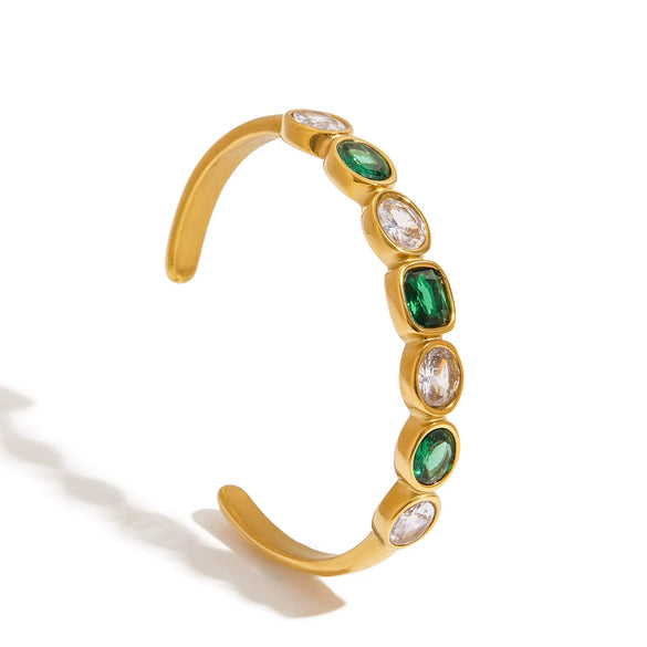 Stainless Steel Open Bracelet Jewelry With Electroplating Luxurious Style White Green Zircon And Geometric Design