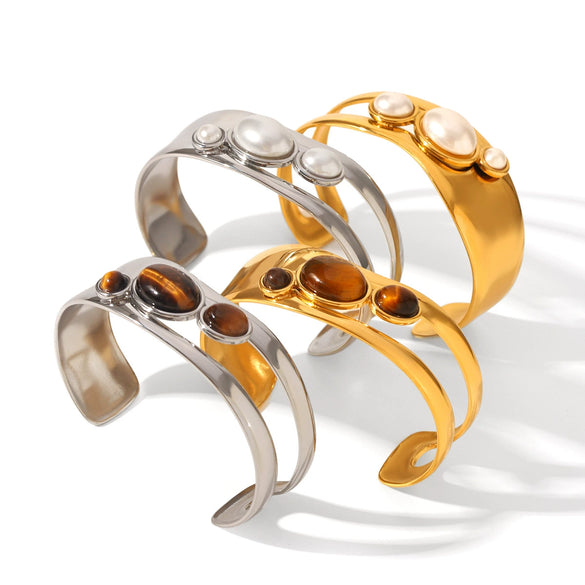 Stainless Steel Open Bracelet Set With Pearls And Tiger Eye Stone Ins Style Minimalist