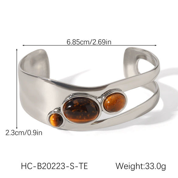 Stainless Steel Open Bracelet Set With Pearls And Tiger Eye Stone Ins Style Minimalist