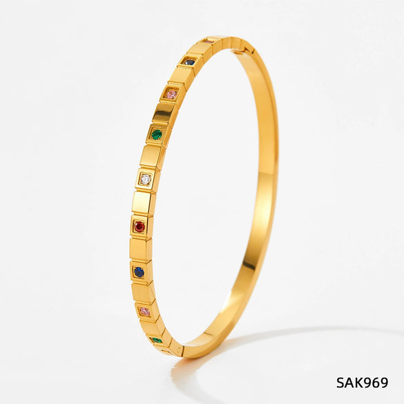 Stainless Steel Open Bracelet With Plaid Inlaid Zircon Fashion Geometric Style Vacuum Electroplated