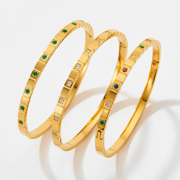 Stainless Steel Open Bracelet With Plaid Inlaid Zircon Fashion Geometric Style Vacuum Electroplated