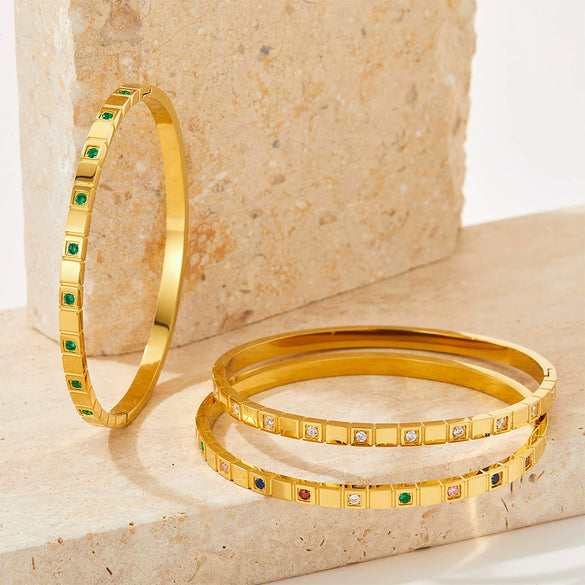 Stainless Steel Open Bracelet With Plaid Inlaid Zircon Fashion Geometric Style Vacuum Electroplated