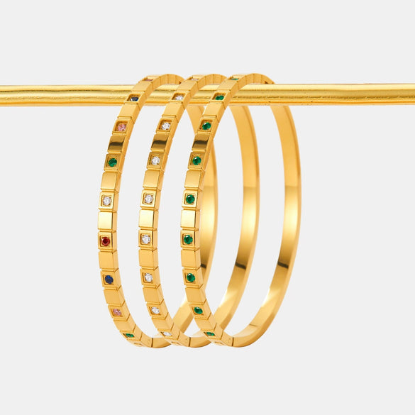 Stainless Steel Open Bracelet With Plaid Inlaid Zircon Fashion Geometric Style Vacuum Electroplated