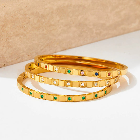 Stainless Steel Open Bracelet With Plaid Inlaid Zircon Fashion Geometric Style Vacuum Electroplated