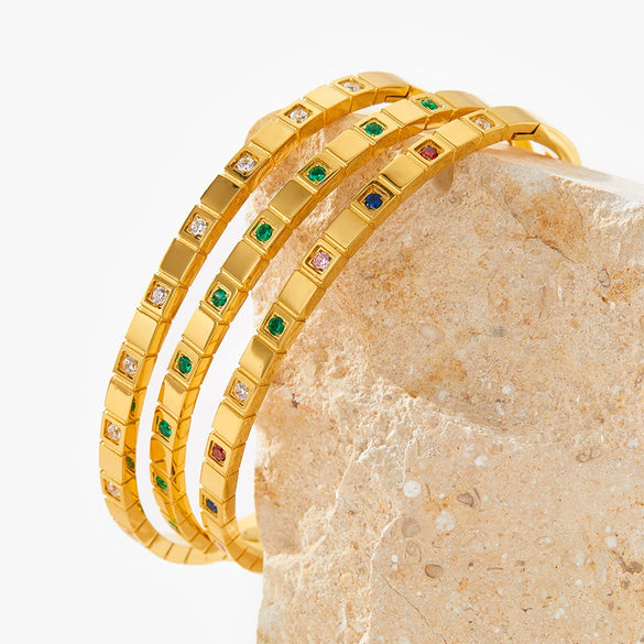 Stainless Steel Open Bracelet With Plaid Inlaid Zircon Fashion Geometric Style Vacuum Electroplated