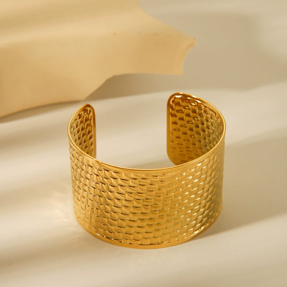 Stainless Steel Open Bracelet With Woven Pattern And Electroplating For Women Geometric Style