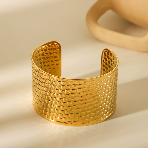 Stainless Steel Open Bracelet With Woven Pattern And Electroplating For Women Geometric Style