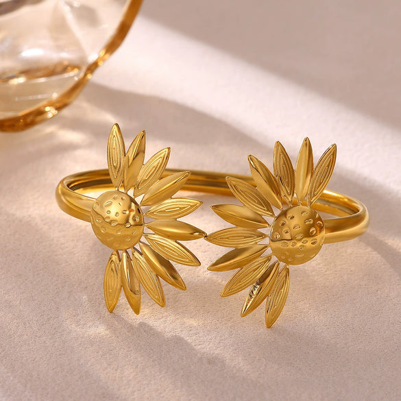 Stainless Steel Open Cuff Bracelet With Layered Flower Petal Design Electroplated Modern Minimalist Statement Jewelry