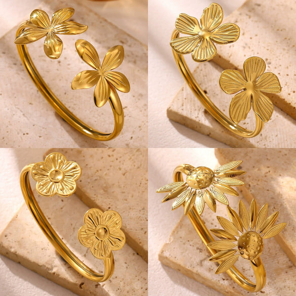 Stainless Steel Open Cuff Bracelet With Layered Flower Petal Design Electroplated Modern Minimalist Statement Jewelry
