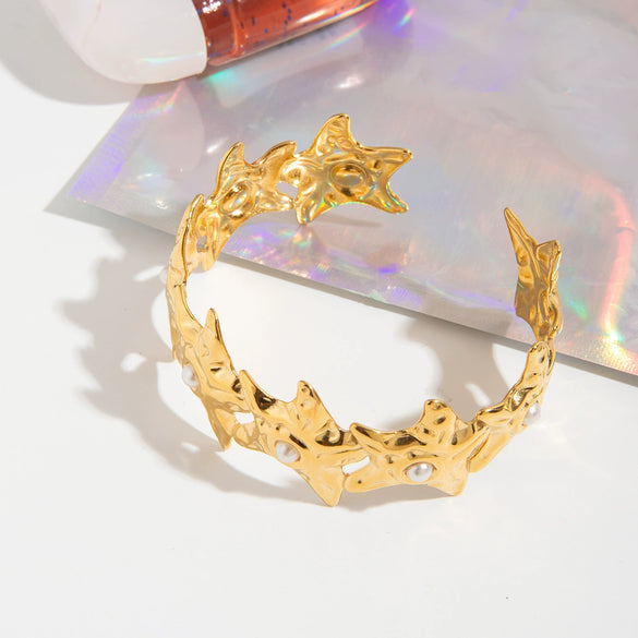 Stainless Steel Open Gold Starfish Inlaid Pearl Bracelet Electroplated Hand Jewelry