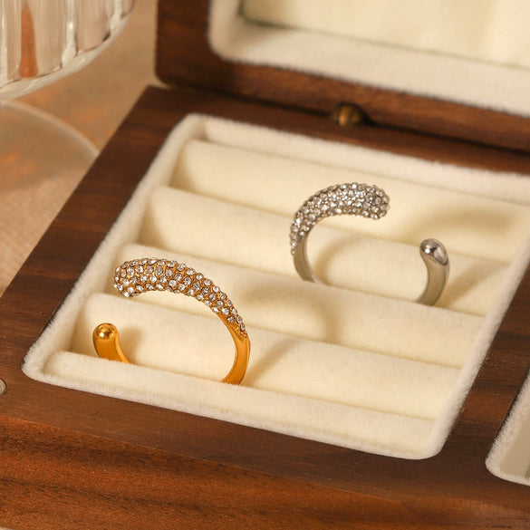 Stainless Steel Open Ring For Women Set With Diamonds Geometric Style