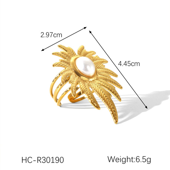 Stainless Steel Open Ring For Women With Flower And Geometric Patterns Electroplated