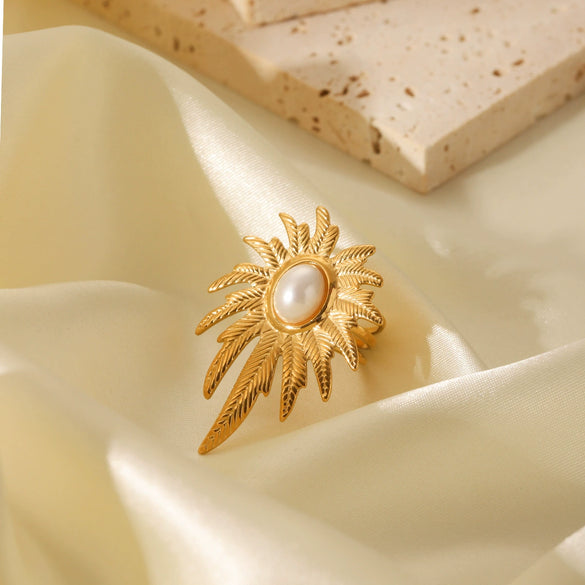 Stainless Steel Open Ring For Women With Flower And Geometric Patterns Electroplated