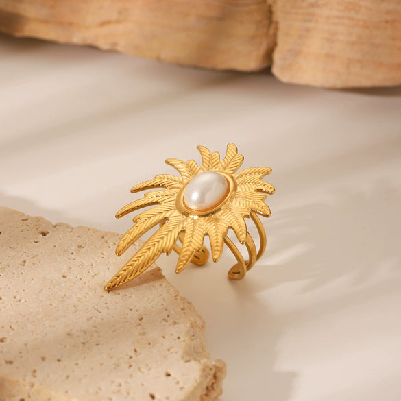 Stainless Steel Open Ring For Women With Flower And Geometric Patterns Electroplated