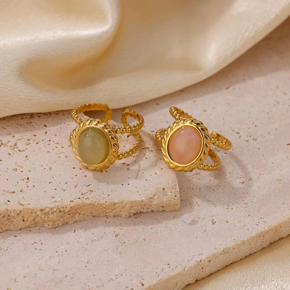 Stainless Steel Open Ring For Women With Natural Stone And 18K Gold Plated Electroplating Jewelry
