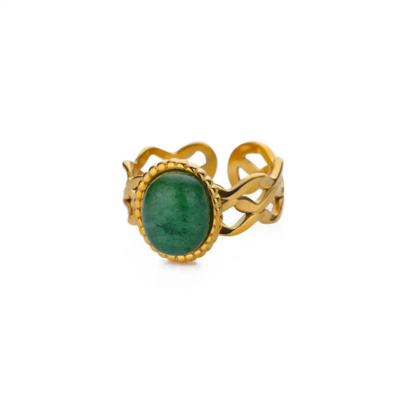 Stainless Steel Open Ring For Women With Natural Stone And 18K Gold Plated Electroplating Jewelry