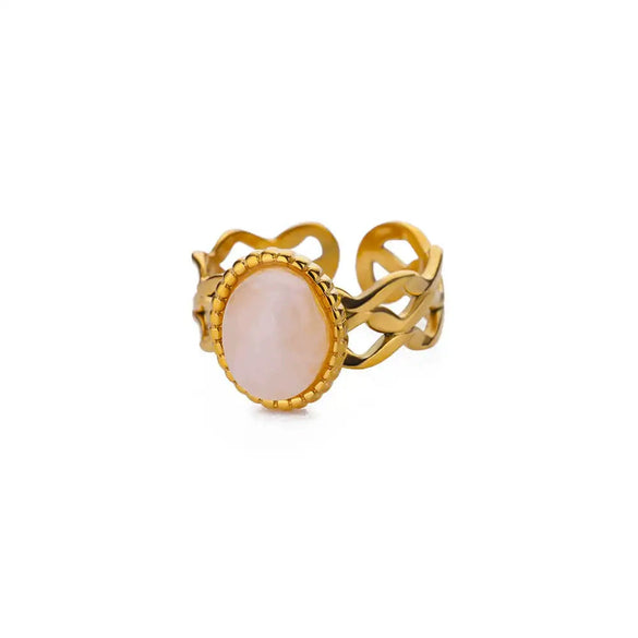 Stainless Steel Open Ring For Women With Natural Stone And 18K Gold Plated Electroplating Jewelry