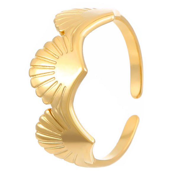 Stainless Steel Open Ring For Women With Starfish Seashell And Ginkgo Leaf Ocean Holiday Style Hand Jewelry Electroplated