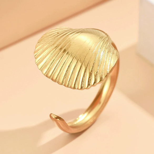 Stainless Steel Open Ring For Women With Starfish Seashell And Ginkgo Leaf Ocean Holiday Style Hand Jewelry Electroplated