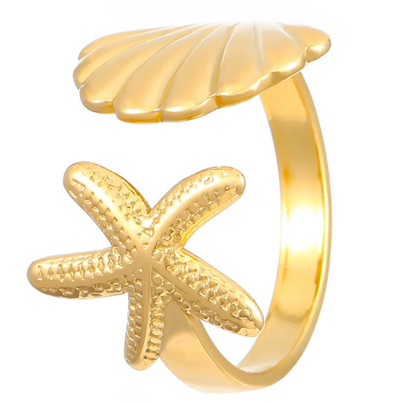 Stainless Steel Open Ring For Women With Starfish Seashell And Ginkgo Leaf Ocean Holiday Style Hand Jewelry Electroplated