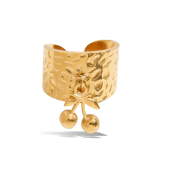 Stainless Steel Open Ring With Cherry Pendant And Geometric Hammer Pattern Electroplated Design For Women