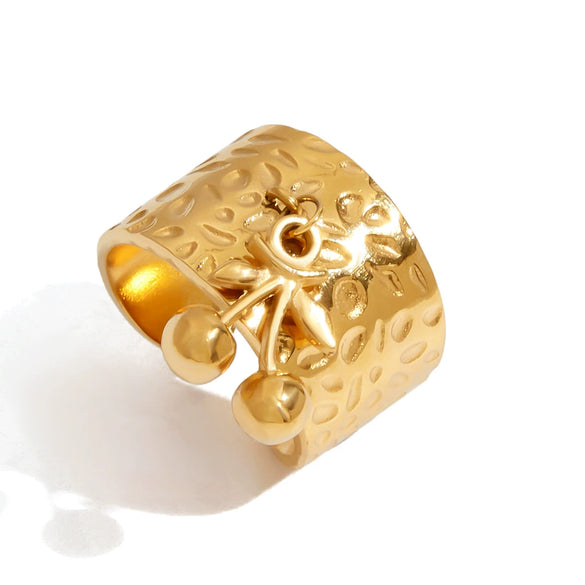 Stainless Steel Open Ring With Cherry Pendant And Geometric Hammer Pattern Electroplated Design For Women