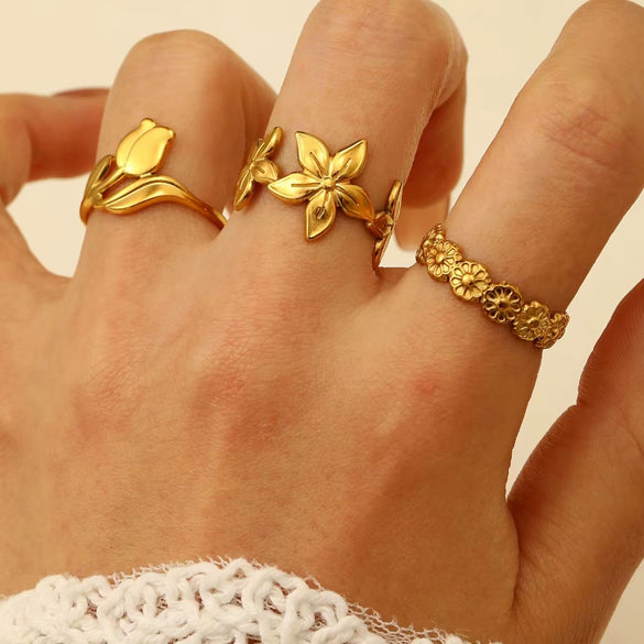 Stainless Steel Open Ring With Heart Shape Flower Leaf Letters Numbers Text Electroplated Unisex