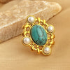 Stainless Steel Open Ring With Pearl And Heart Shape Blue Turquoise Electroplated Jewelry For Women Minimalist Style