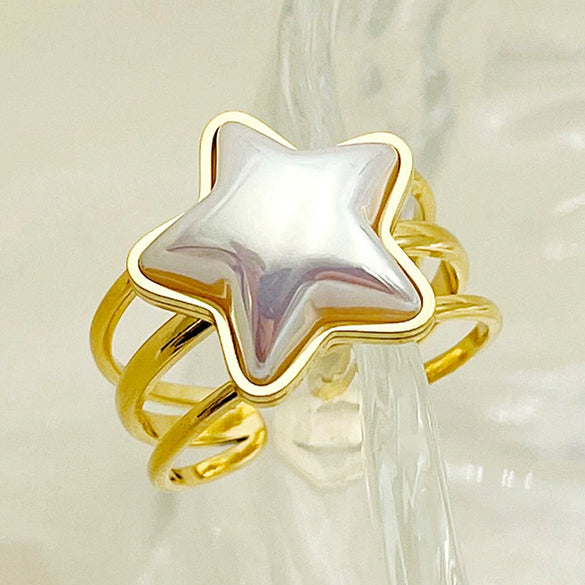 Stainless Steel Open Ring With Star Bead And Geometric Design Electroplated Ins Vintage Style