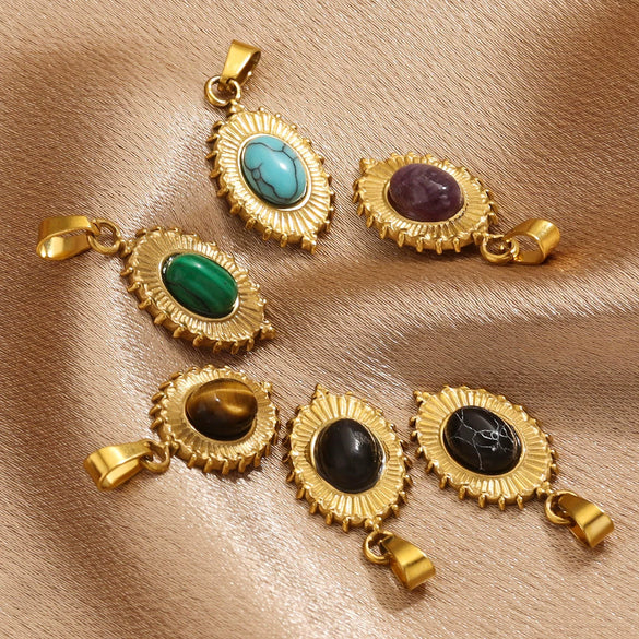 Stainless Steel Oval Bohemian Natural Stone Turquoise Pendant Totem Pattern Electroplated Diy Jewelry Accessories Necklace