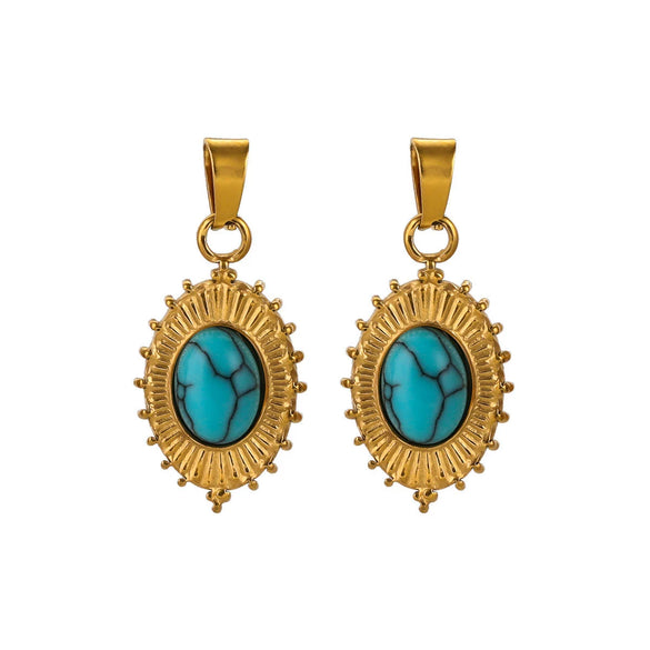 Stainless Steel Oval Bohemian Natural Stone Turquoise Pendant Totem Pattern Electroplated Diy Jewelry Accessories Necklace