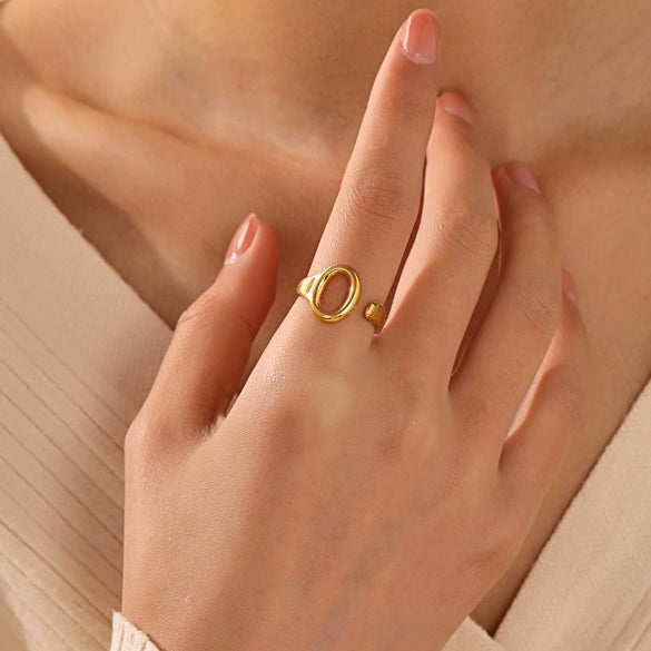 Stainless Steel Oval Geometric Open Adjustable Real Gold Plated Ring