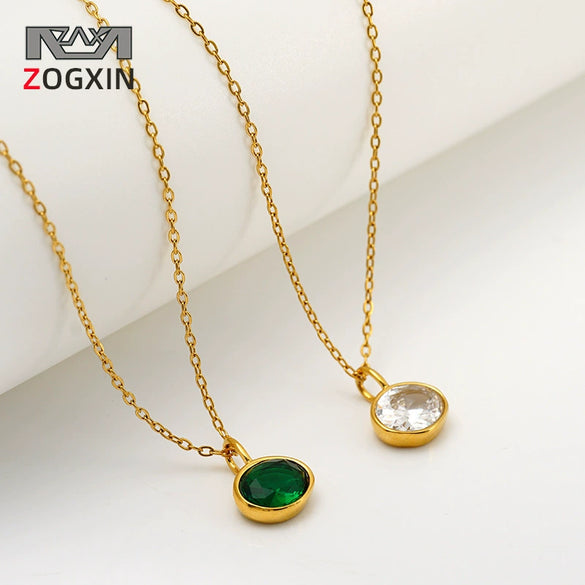 Stainless Steel Oval Geometric Pendant Necklace With Emerald And White Diamond Accents Electroplated Oshaped Chain Women's Jewelry