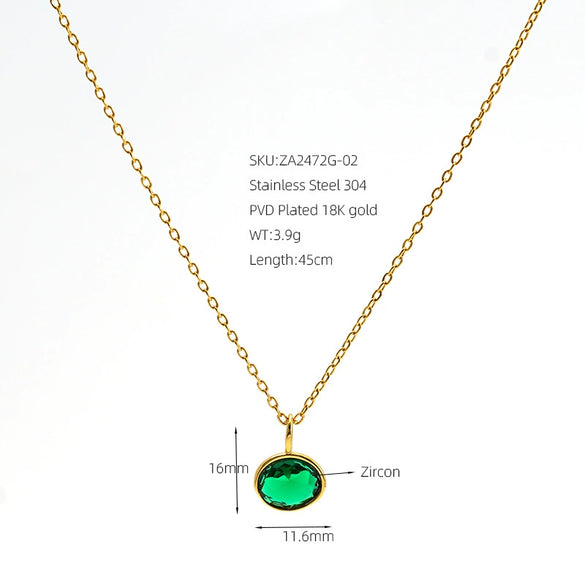 Stainless Steel Oval Geometric Pendant Necklace With Emerald And White Diamond Accents Electroplated Oshaped Chain Women's Jewelry