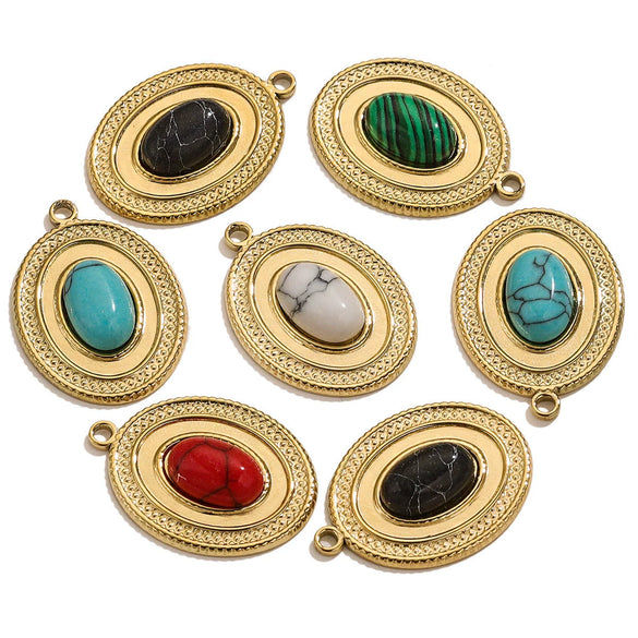 Stainless Steel Oval Natural Stone Pendant With Totem Pattern Inlay Bohemian Style Luxury Accessory