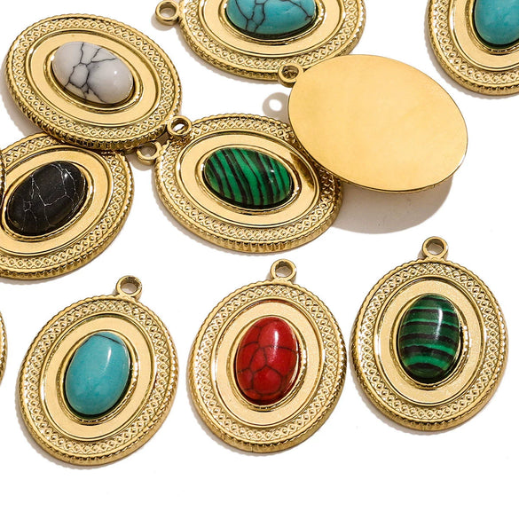 Stainless Steel Oval Natural Stone Pendant With Totem Pattern Inlay Bohemian Style Luxury Accessory