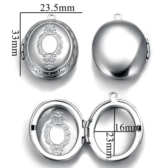 Stainless Steel Oval Photo Box Pendant Jewelry Accessories With Vintage Embossed Pattern And Electroplating