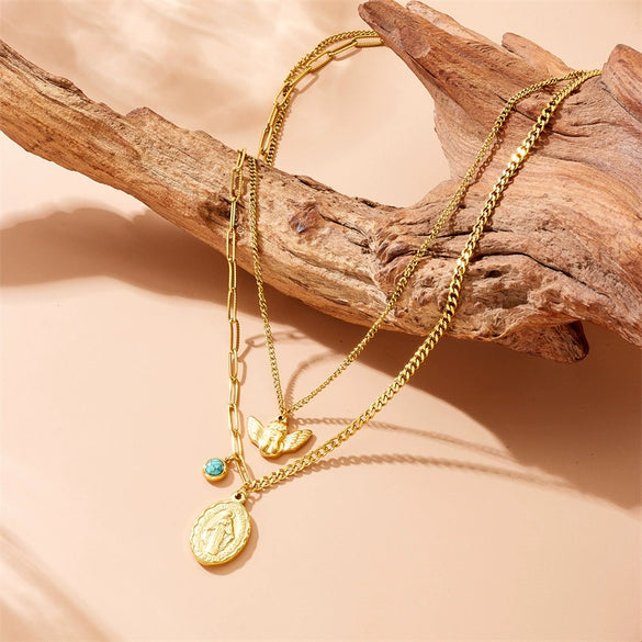 Stainless Steel Oval Retro Double Layer Overlapping Pendant Clavicle Necklace For Women With Electroplating