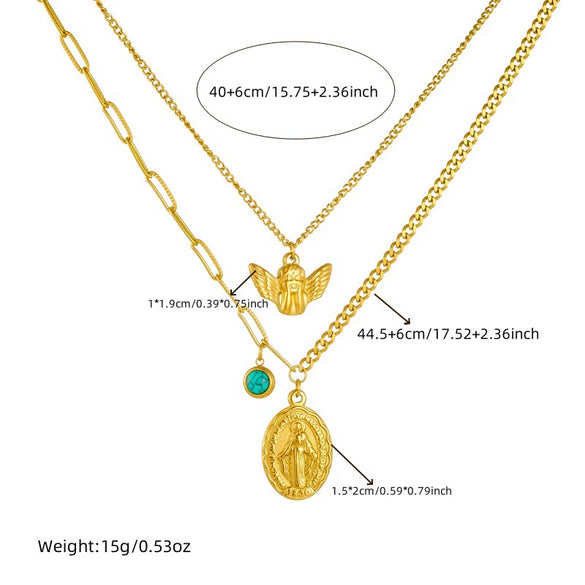 Stainless Steel Oval Retro Double Layer Overlapping Pendant Clavicle Necklace For Women With Electroplating