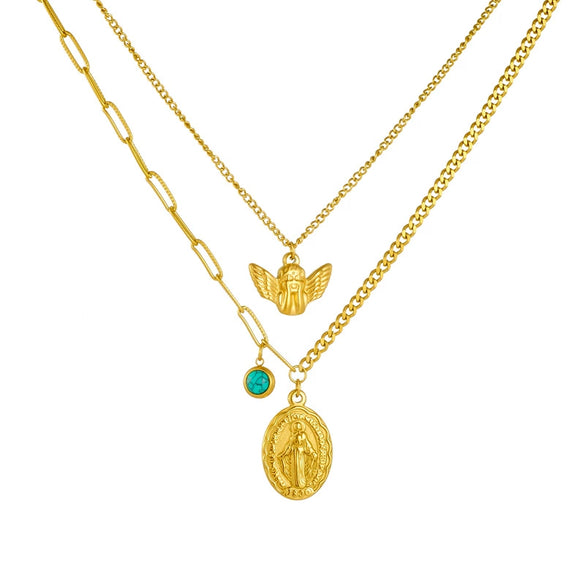 Stainless Steel Oval Retro Double Layer Overlapping Pendant Clavicle Necklace For Women With Electroplating