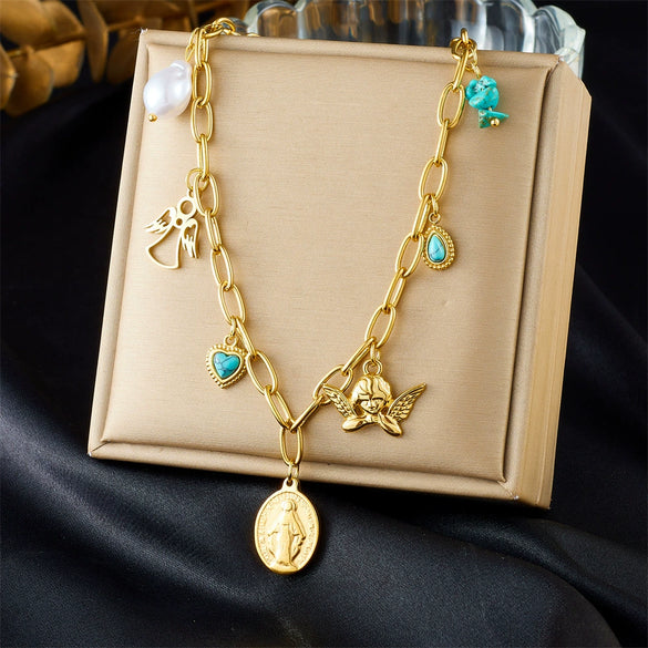 Stainless Steel Oval Virgin Angel Pendant Necklace For Women With Electroplating O Word Chain Vintage And Cartoon Style