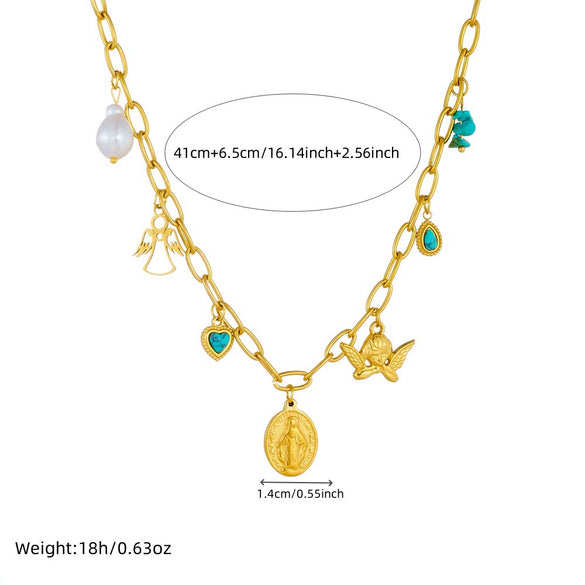 Stainless Steel Oval Virgin Angel Pendant Necklace For Women With Electroplating O Word Chain Vintage And Cartoon Style