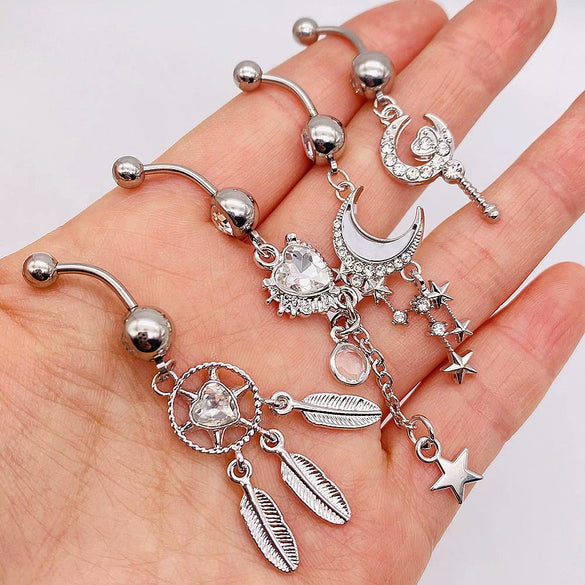 Stainless Steel Peach Heart Moon Pendant Navel Ring Women's Body Piercing Jewelry With Electroplating And Flower Design