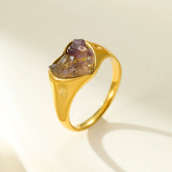 Stainless Steel Peach Heartshaped Natural Stone Design Ring With Electroplating For Women In Light Luxury Style