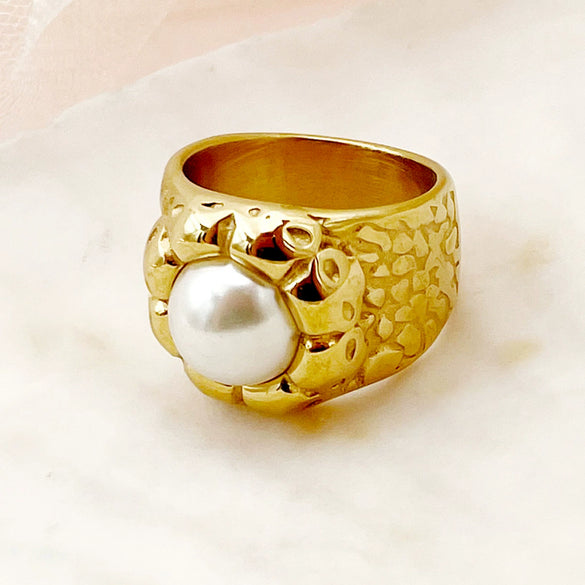 Stainless Steel Pearl Embossed Sunflower Wide Ring For Women Electroplated French Retro Style