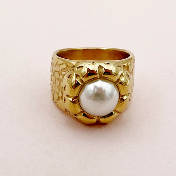 Stainless Steel Pearl Embossed Sunflower Wide Ring For Women Electroplated French Retro Style