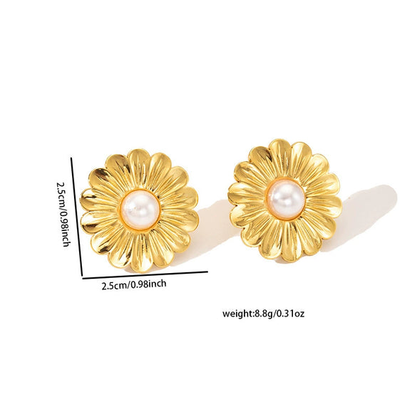 Stainless Steel Pearl Flower Asymmetrical Electroplated Earrings For Women French Classic Light Luxury Style