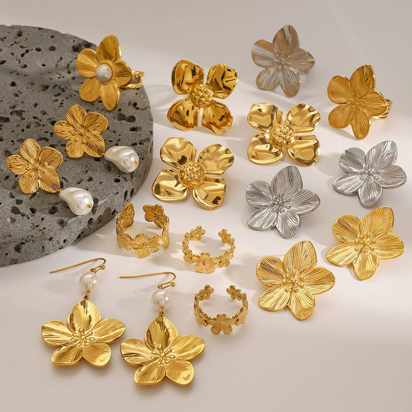 Stainless Steel Pearl Flower Geometric Earrings Electroplating Jewelry