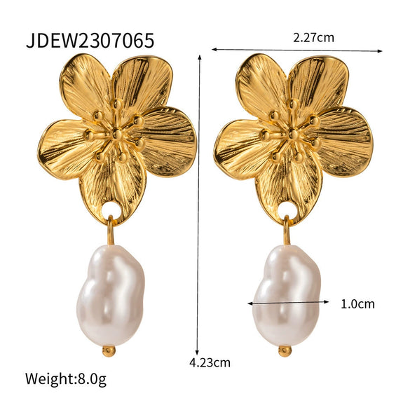 Stainless Steel Pearl Flower Geometric Earrings Electroplating Jewelry