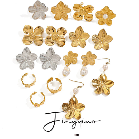 Stainless Steel Pearl Flower Geometric Earrings Electroplating Jewelry